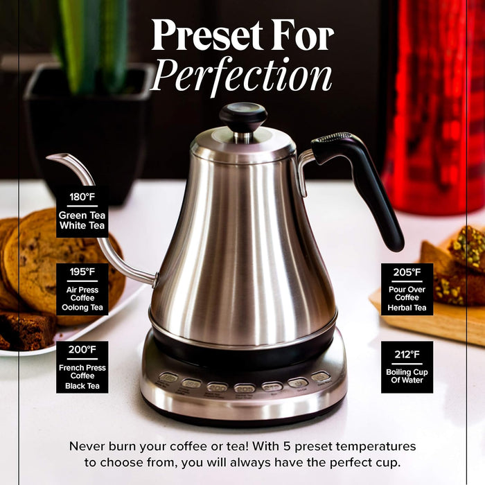 Gooseneck Electric Kettle with Temperature Control & Presets - 1L, Stainless Steel - Tea & Pour Over Coffee Kettle