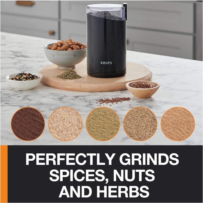 Krups One-Touch Coffee and Spice Grinder 3 Ounce Bean Hopper Easy to Use, One Touch Operation 200 Watts Coffee, Spices, Dry Herbs, Nuts, 12 Cup Black